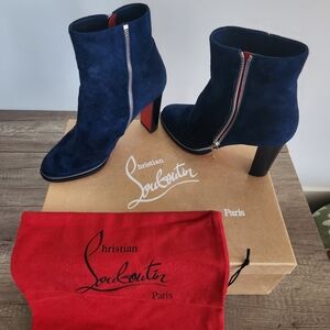 Christian Louboutin Black Suede Ankle Boot with Gold Logo Zip